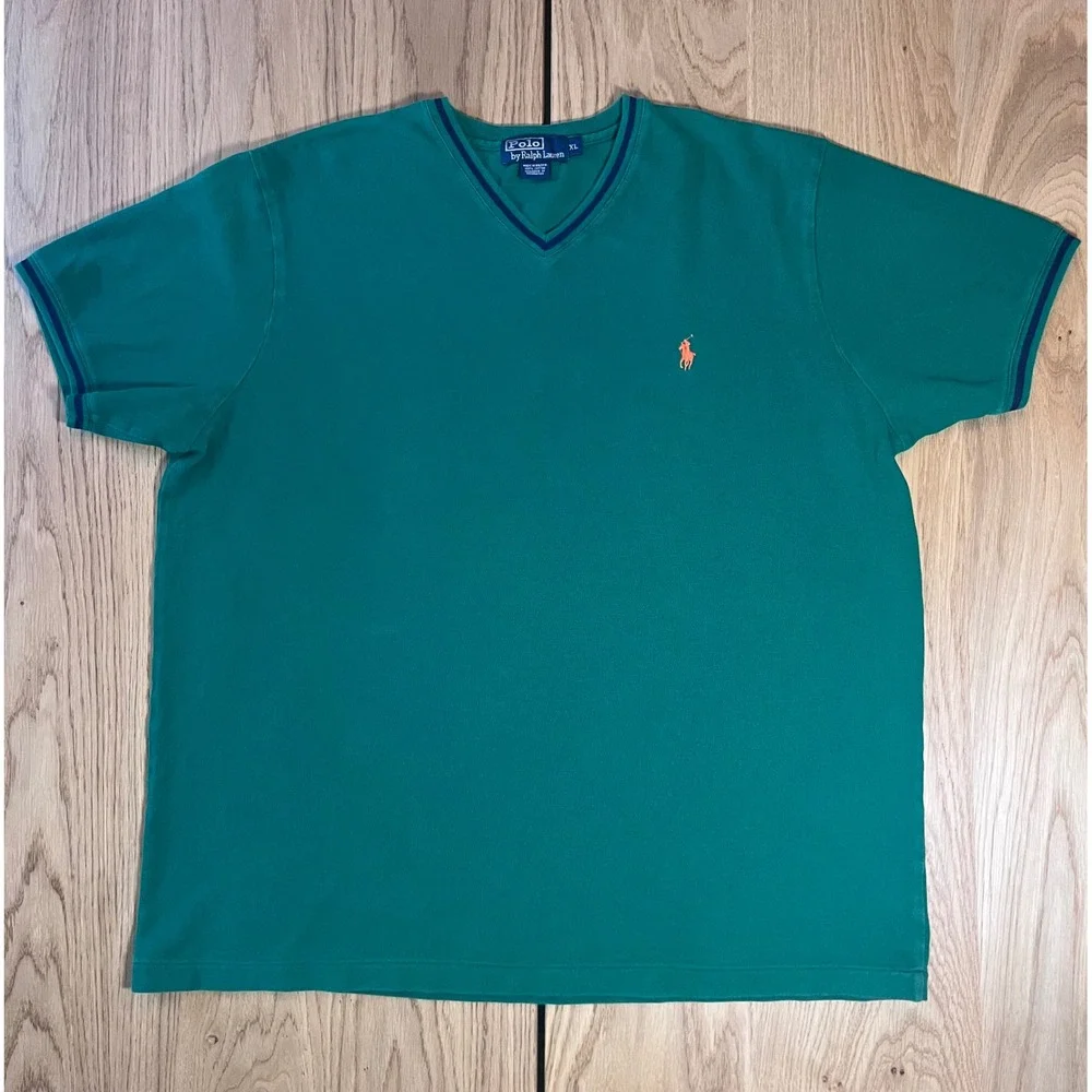 Polo Ralph Lauren Y2K 90s V-Neck T-Shirt XL Green Short Sleeve Preppy Classic